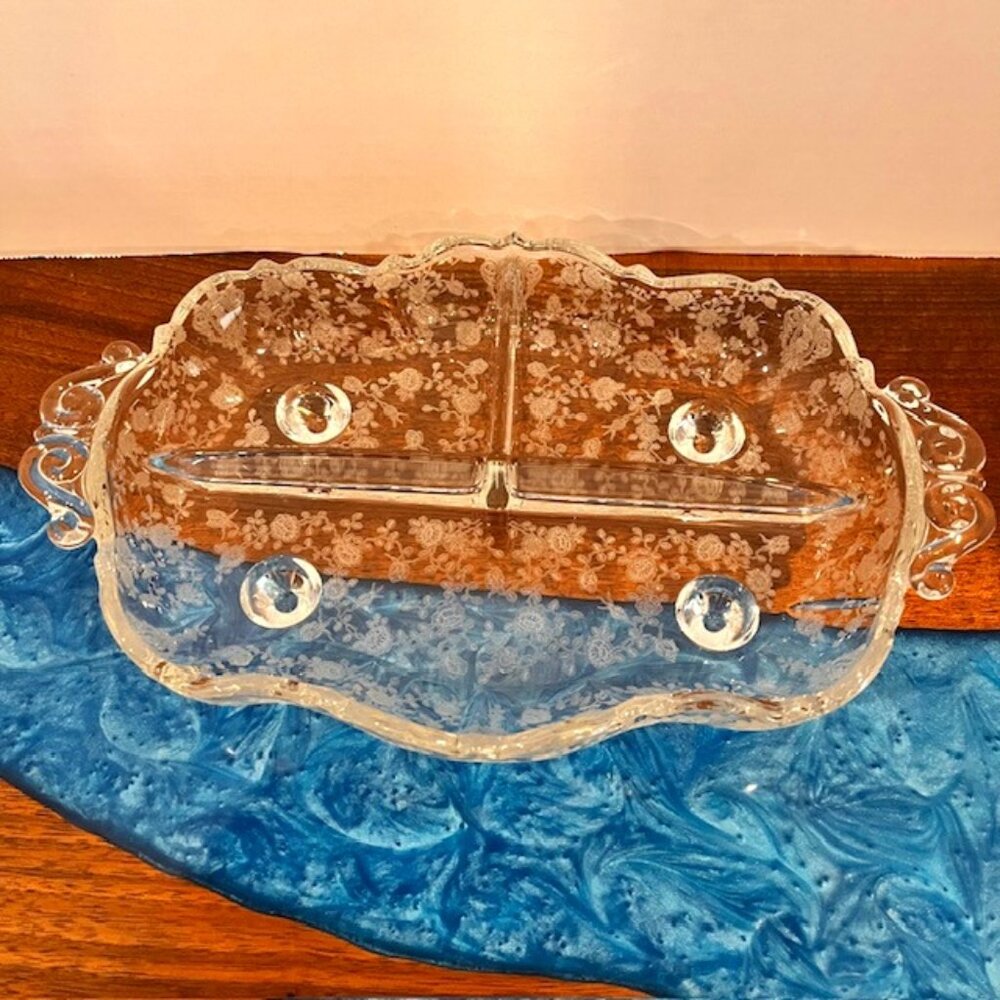 Cambridge Rose Point Etched Glass Divided 3 Part Footed Relish Dish with Handles